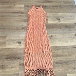 lulus Elegant Crochet Knit Dress in Peach